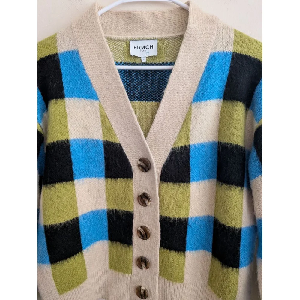 Women's FRNCH S Beige Blue Plaid Cardigan, Size S - Picture 4 of 7